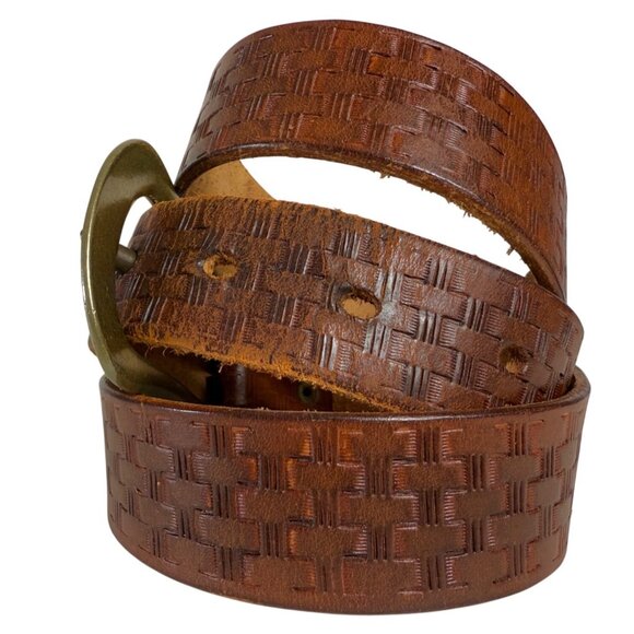 Rugged Basket Weaved Embossed Belt Leather Size XL Cowgirl Western Brass Buckle - Picture 4 of 9